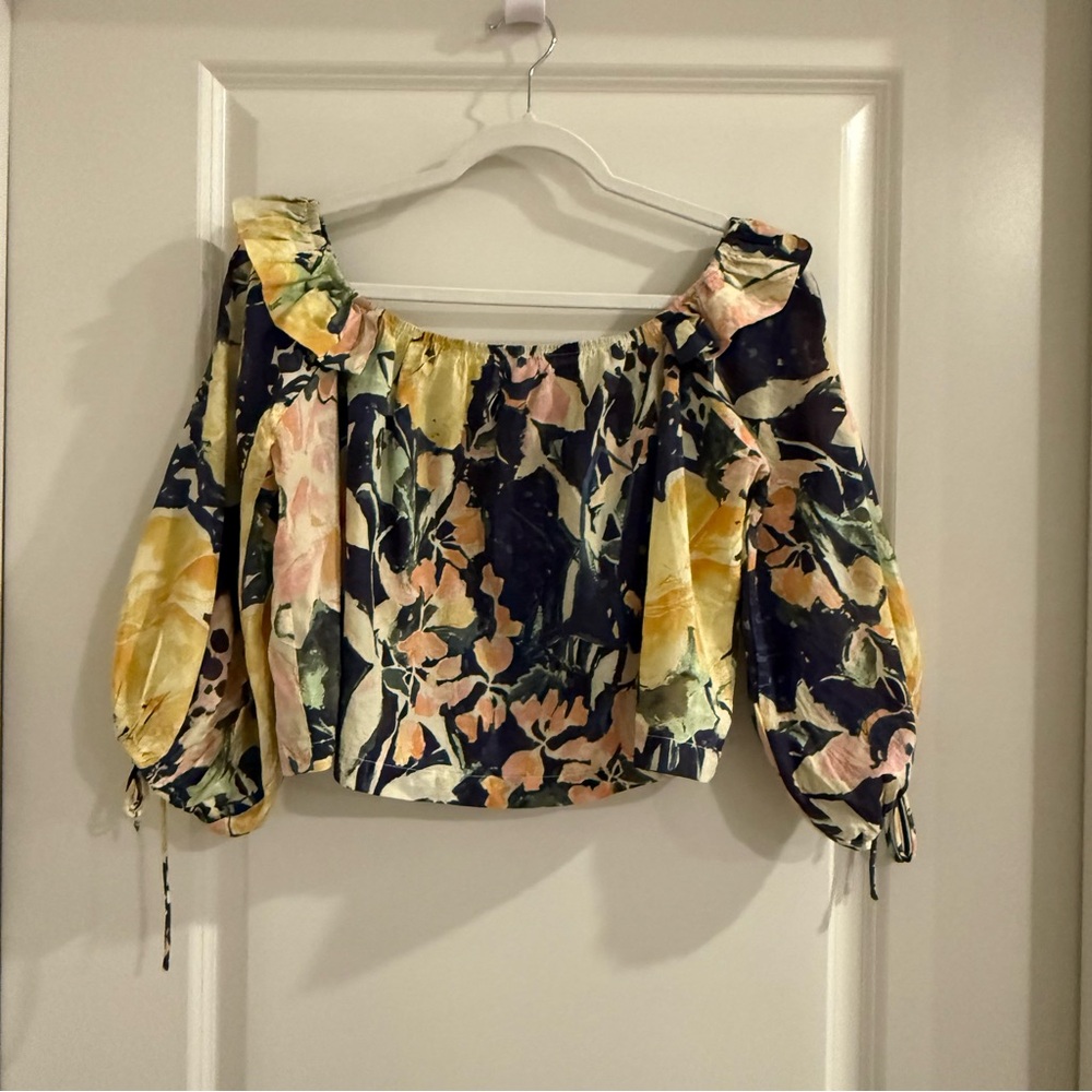 Free People Shasta Boho Blue Floral Off-Shoulder Blouse